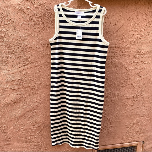 MOTHERHOOD MATERNITY TANK RIB KNIT DRESS FITTED BODYCON BLACK WHITE STRIPE - Picture 10 of 11